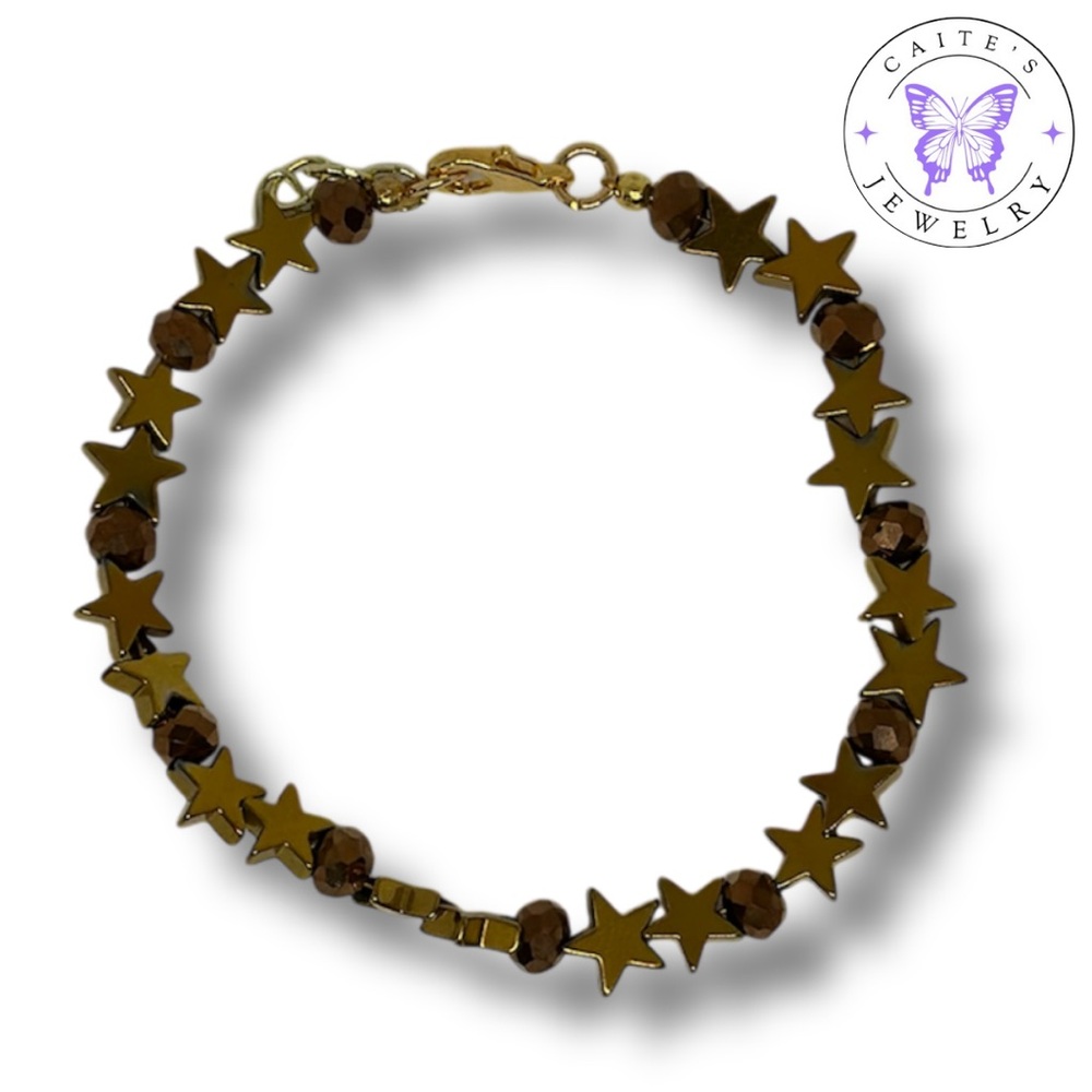 Handmade Gold Wire Bracelet with Hematite Star Beads